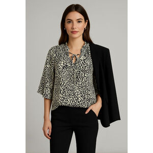 La Made 100% Silk Blouse Black Ivory Print Size M Revolve